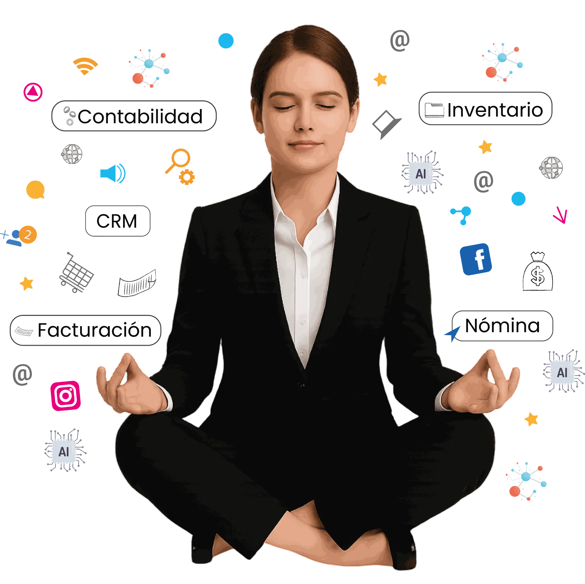 Ejecutiva en actitud serena representando el equilibrio entre la tecnología y la gestión empresarial, con íconos flotantes de soluciones como CRM, facturación, nómina, IA, e-commerce y redes sociales.