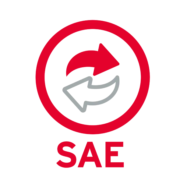 Aspel SAE – Administración de ventas, compras, inventario y facturación CFDI Ícono de Aspel SAE con dos flechas curvas en rojo dentro de un círculo, representando control comercial.