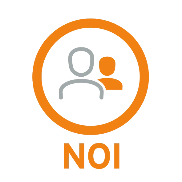 Aspel NOI – Cálculo de nómina, timbrado CFDI y cumplimiento fiscal ante el SAT Ícono de Aspel NOI con dos figuras humanas en gris y naranja dentro de un círculo naranja, representando nómina CFDI.