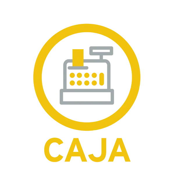 Aspel CAJA – Punto de venta ágil para mostrador, con control de caja y productos Ícono de Aspel CAJA con una caja registradora en amarillo dentro de un círculo, representando sistema de punto de venta.