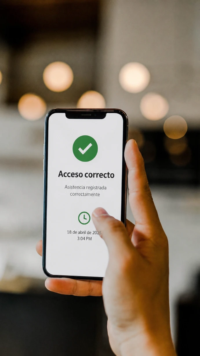 Persona sosteniendo un celular con la pantalla en "Acceso correcto"