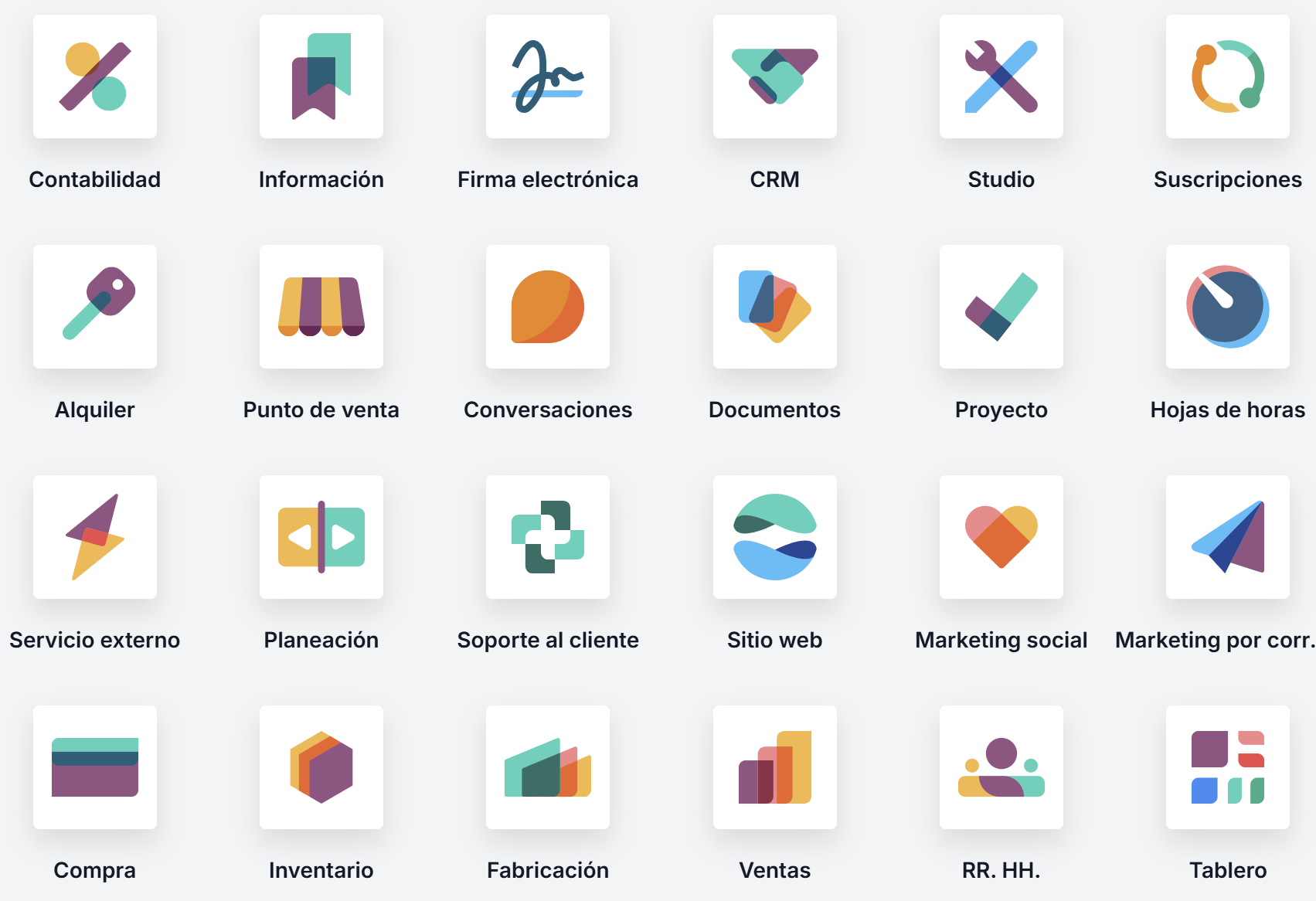 Aplicaciones principales de Odoo ERP en una laptop: Contabilidad, CRM, Punto de venta, Proyecto, Marketing, Soporte y más módulos empresariales. pantalla de una laptop mostrando los iconos de aplicaciones de Odoo ERP, como Contabilidad, CRM, Punto de venta, Proyecto, Sitio web y más.