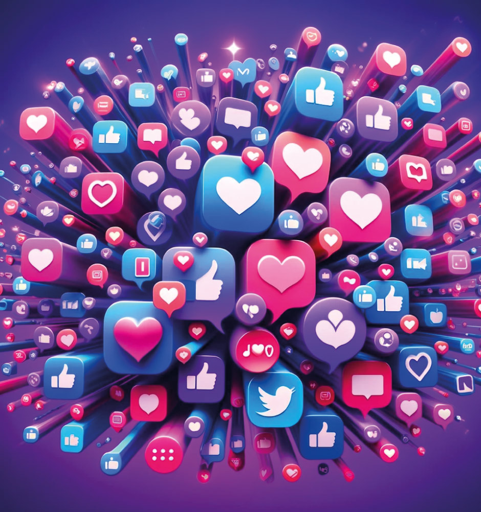 Alcance masivo con marketing en redes sociales Íconos de redes sociales y reacciones digitales en forma de flor, representando el alcance del marketing digital.