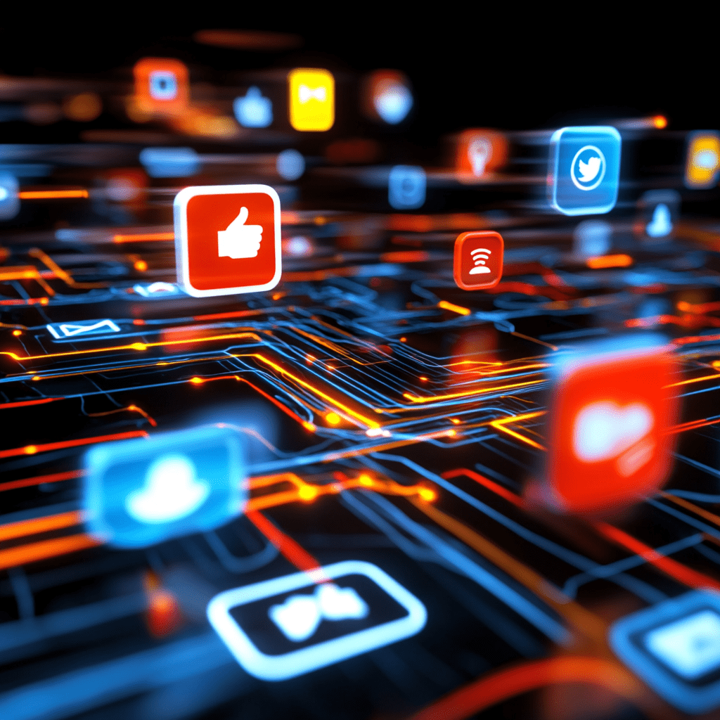 Automatización y estrategia en redes sociales para empresas Iconos de redes sociales y notificaciones flotando sobre un circuito digital iluminado en rojo y azul