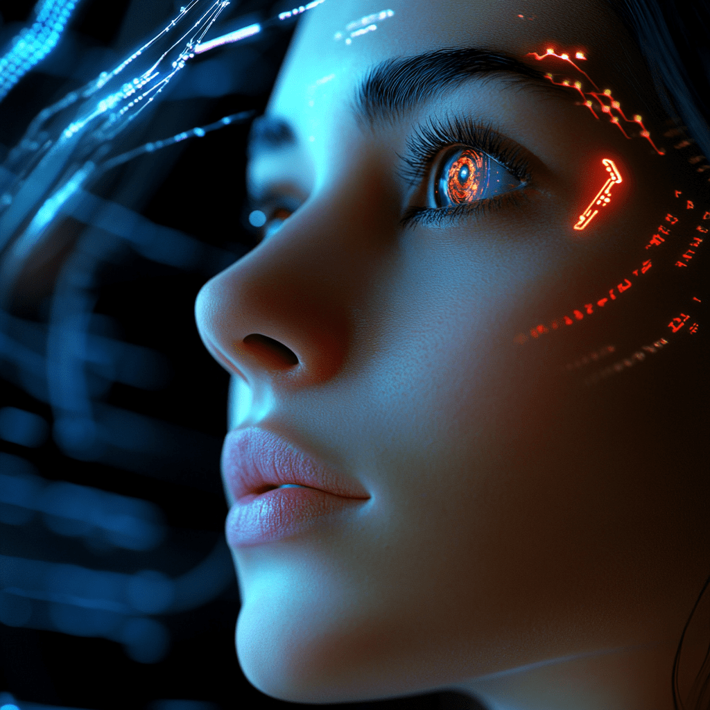Visión avanzada impulsada por inteligencia artificial Rostro de mujer con ojo cibernético iluminado y códigos digitales reflejados, simbolizando inteligencia artificial y visión tecnológica