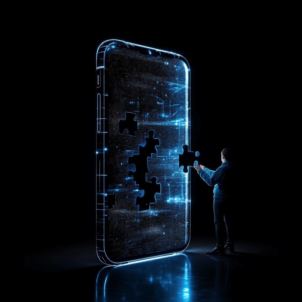 Construyendo soluciones tecnológicas a la medida Persona encajando pieza de rompecabezas digital en una interfaz gigante de smartphone iluminada en azul