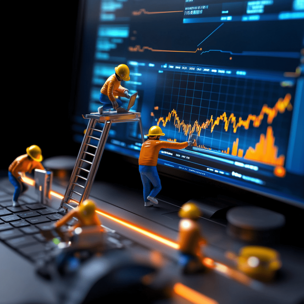 Soporte en TI para mantener tu tecnología en óptimo estado Técnicos miniatura trabajando sobre un teclado y gráficos de sistema, simbolizando mantenimiento y soporte informático.